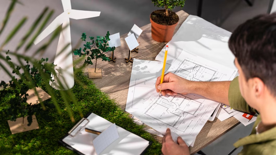Architect designing eco-friendly building with wind turbine and solar panel models on a desk with plant decoration