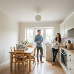 A couple stands in a bright kitchen, discussing near a table with a "Home for Sale" sign. The room feels warm and inviting with natural light.