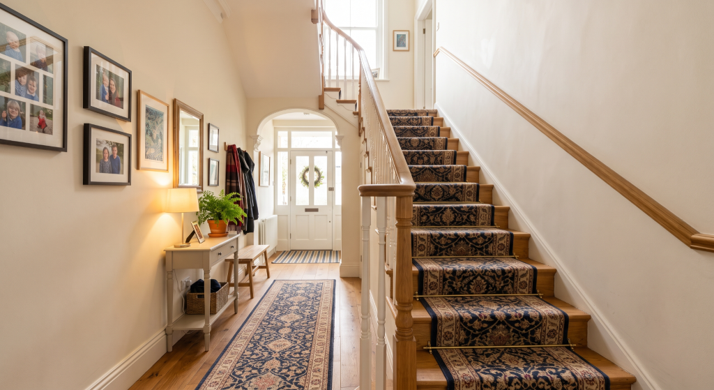 A hallway with a staircase that has handrails attached and a carpet for support.